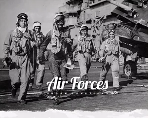 Vintage black and white historical photo of Air Force pilots on an aircraft carrier deck