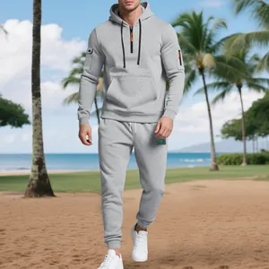 Men's heavy fleece gray tracksuit set with half-zip hoodie and cargo joggers