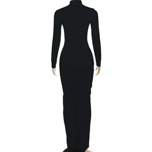 Back view of an elegant slim fit high-neck long sleeve black bodycon maxi dress for women