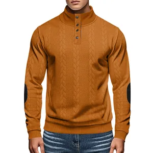 Detail view of men's cable knit Henley shirt with stand collar and elbow patches