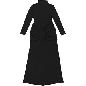 Detail view of black long-sleeve turtleneck maxi dress with flattering waist ruching