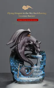 Detailed view of flying dragon backflow incense burner with blue glaze