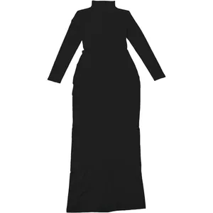 Elegant slim-fit black maxi dress with high neck and long sleeves for autumn 2025