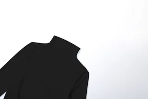 Close-up of elegant black high-neck long-sleeve dress collar and shoulder detail