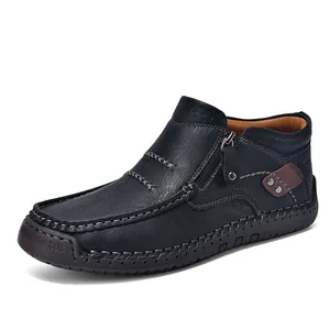 Heren Casual Hoge Schoenen Zijrits Microvezel Leer Handgestikt Slip-on Platte Sneakers Voor Herfst Outdoor Grote Maten
