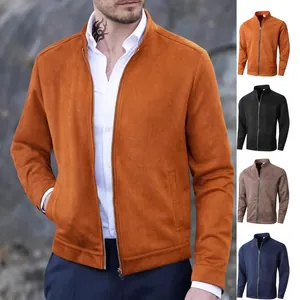 Men's Casual Stand Collar Jacket Polyester Slim Fit Full Zip Long Sleeve Outerwear Top British Style Solid Color Windbreaker