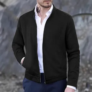 Stylish men's slim fit black casual jacket with stand collar and zipper closure