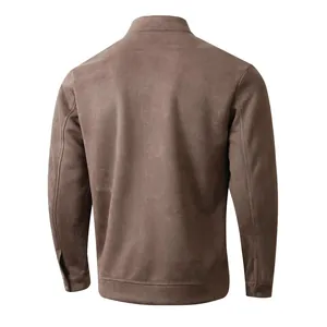 Back view of a professional slim fit brown suede jacket for men with a stylish stand collar design