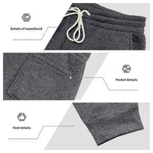 Close-up details of men's fleece sweatpants showing waistband pocket and ribbed cuff