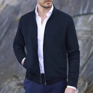 Men's slim fit navy bomber jacket with stand collar for autumn casual wear