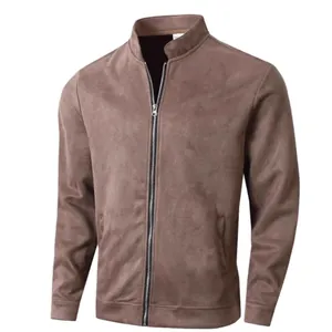 Classic men's slim fit stand collar brown suede casual jacket with front zipper closure