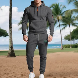 Full view of heavy grey fleece hoodie and joggers tracksuit set for men on model
