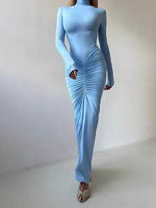 Elegant light blue ruched high neck long sleeve slim fit maxi dress for women