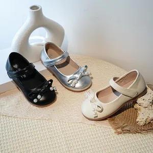 Chaussures Mary Jane élégantes avec nœud en perles pour filles, semelle souple, 3 couleurs