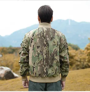 Back view of men's camouflage tactical flight jacket with ribbed collar and hem
