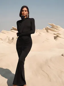 Elegant solid black ruched high neck long sleeve maxi dress for women in desert scene