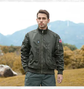 Men's tactical flight pilot jacket in olive green with stand collar and patches