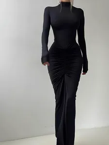 Elegant black high-neck long-sleeve ruched maxi dress with a slim-fit silhouette.