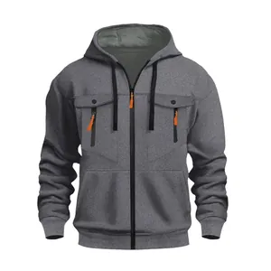 Sweat à Capuche Homme Doublé Polaire Entièrement Zippé Décontracté Manches Longues avec Poches Cargo et Détails Contrastés