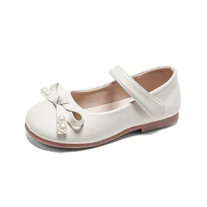 Élégantes chaussures Mary Jane en cuir pour filles avec nœud en perles et semelle souple