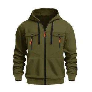 Sweat à capuche zippé premium pour homme vert olive avec détails de poches tactiques