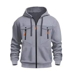 Sweat à capuche zippé gris pour homme pour l'automne et l'hiver avec détails orange