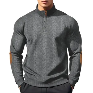 Close-up of a gray jacquard men's Henley shirt featuring a stand collar and elbow patches.