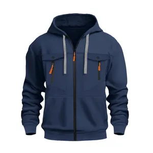 Sweat à capuche zippé décontracté pour homme bleu foncé avec détails orange