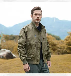 Detailed view of men's olive green flight jacket with tactical patches and pockets