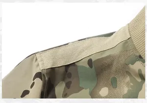 Detail shot of tactical camouflage flight jacket with ribbed baseball collar and camo pattern.