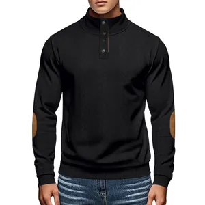 Men's heavy jacquard knit Henley shirt with stand collar and elbow patches detail