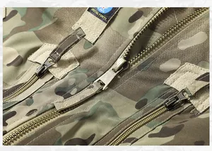 Macro detail of high-quality metal zippers on a camouflage tactical bomber jacket