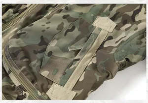 Detailed macro view of the pocket and zipper on a camouflage tactical bomber jacket