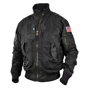 Black tactical flight bomber jacket featuring flag patches and a stand-up collar design