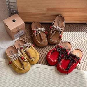 Meisjes Retro Clogs met Kralen Vintage Kunstleer Pantoffels Voor Kinderen Herfst Casual Platte Mules met Stiksels