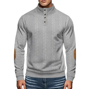 Men's grey heavyweight cable-knit Henley shirt with stand collar and elbow patches.