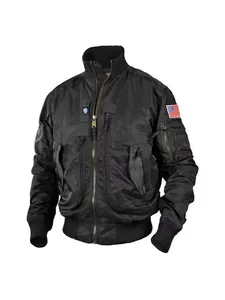 Men's tactical black bomber flight jacket with stand-up collar and US flag patch