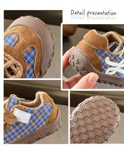 Vues détaillées de baskets pour tout-petits avec texture en daim et semelle antidérapante.