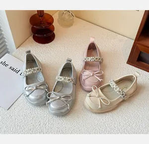 Elegant girls princess shoes featuring pearl straps and bow details in various colors