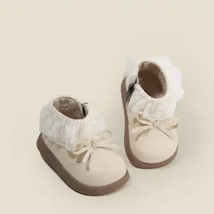 Microfiber Leather Toddler Girls Princess Short Boots With Lace Trim And Bowknot Side Zipper Anti-Slip Winter Walking Shoes For Kids