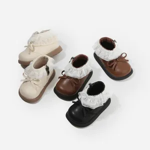 Elegant toddler girl princess boots featuring lace ruffles and cute bow in cream, brown, and black
