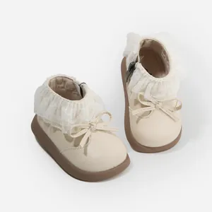 Elegant cream toddler girls' lace princess boots with bow detail for autumn and winter