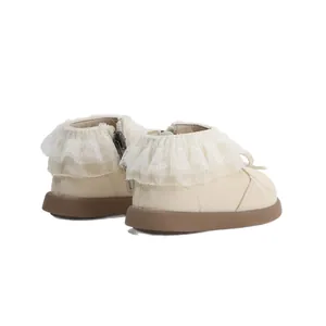 Elegant cream toddler girls' boots with delicate white lace ruffles and side zipper