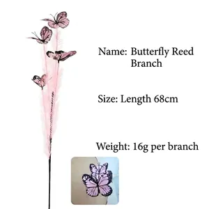 Handmade artificial reed branch decorated with realistic pink butterflies for home decor