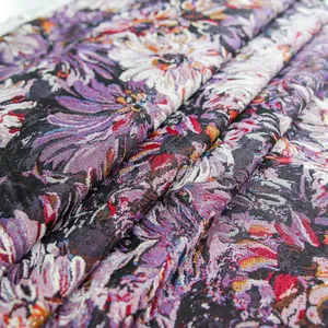 Macro detail of purple floral yarn-dyed fabric showing high-density woven texture.