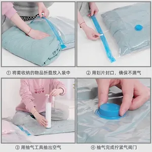 Instructional 4-step guide for using vacuum compression storage bags for clothes and quilts.