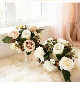Elegant artificial rose and wildflower candle ring wreath for romantic table decor