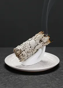 Brandende witte salie op een elegant keramisch dienblad met verfijnde reliëfpatronen