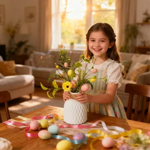 Una ragazza sorridente che tiene una composizione di rami di bacche di uova di Pasqua in un vaso