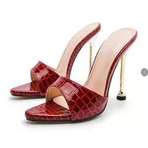Elegant red crocodile pattern stiletto sandals with gold heels for evening banquets